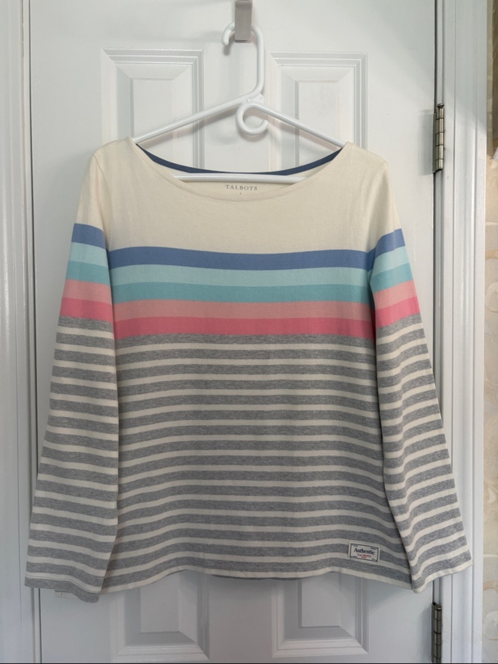 Talbots Cream Long‑Sleeve Striped Boatneck Top with Blue, Aqua & Pink Accents